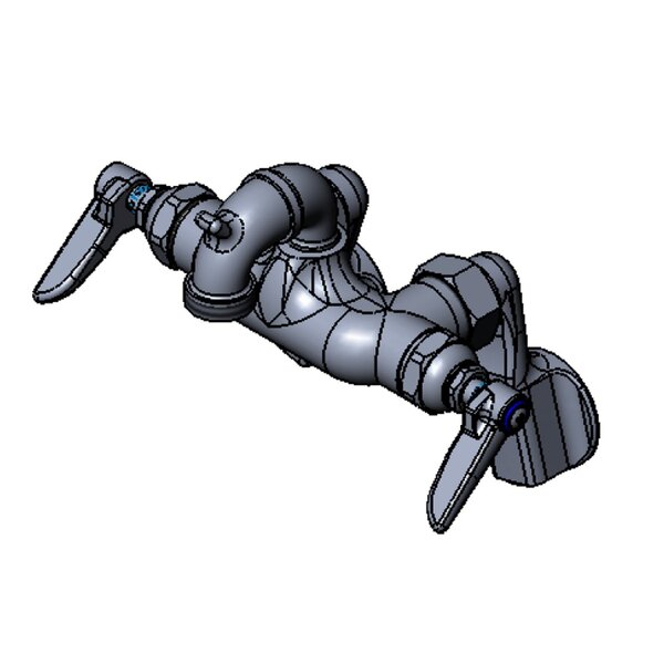 A drawing of a T&S wall mount faucet with lever handles and a pail hook.