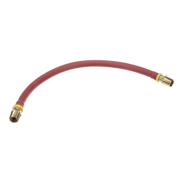A flexible red hose with brass fittings on both ends.