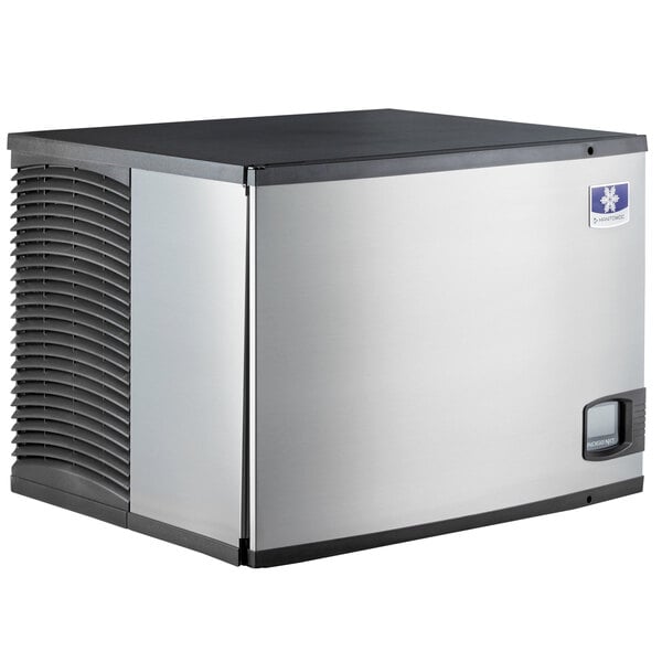 A commercial Manitowoc air-cooled full dice cube ice machine with a stainless steel exterior.