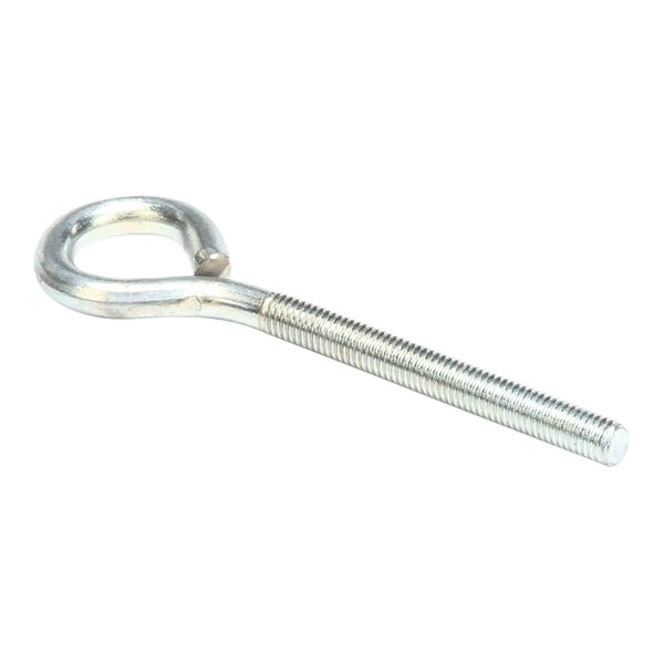An eye bolt with a threaded shaft and a circular loop at one end, made of plated metal.