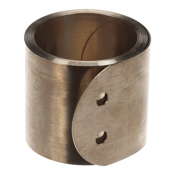A cylindrical metal spring component with two holes, used for door mechanisms.