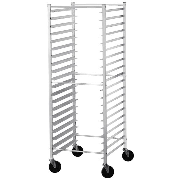 An unassembled Advance Tabco metal sheet pan rack with wheels.