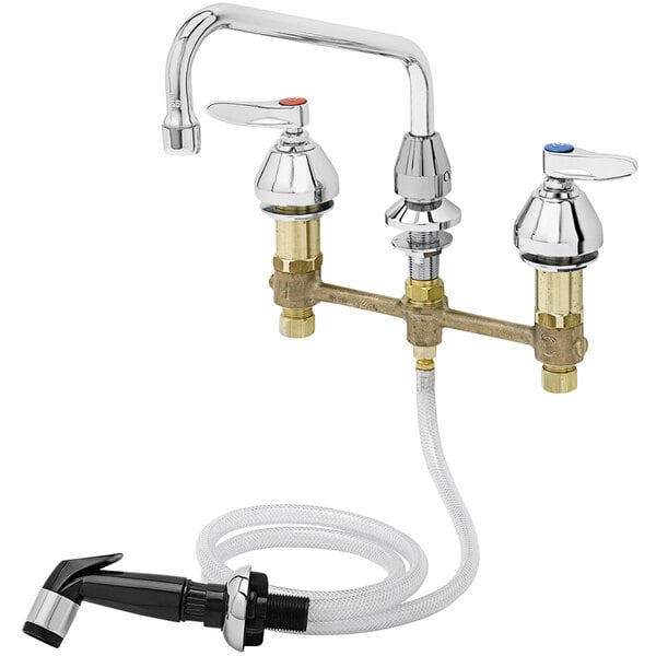 A T&S deck-mount faucet with 8" swing nozzle and sidespray hose.