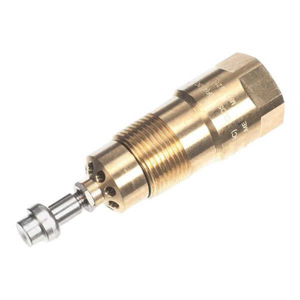 A brass drain water tempering valve with threaded fittings and a metal stem.