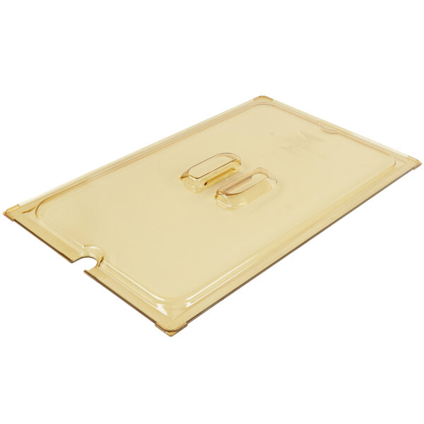 A Vollrath amber plastic lid for a food pan with two slots and two handles.