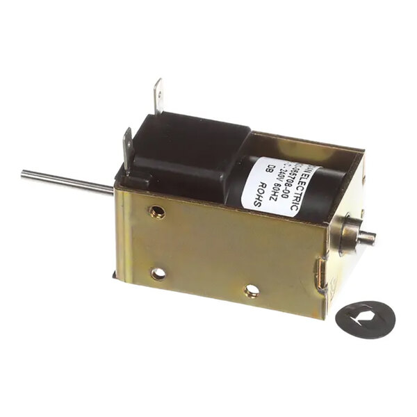 A metal solenoid actuator with a protruding rod and electrical terminals, labeled as a Jackson 5999-004-47-49 Solenoid Model 11P AC (240V) 11P-C-240A.