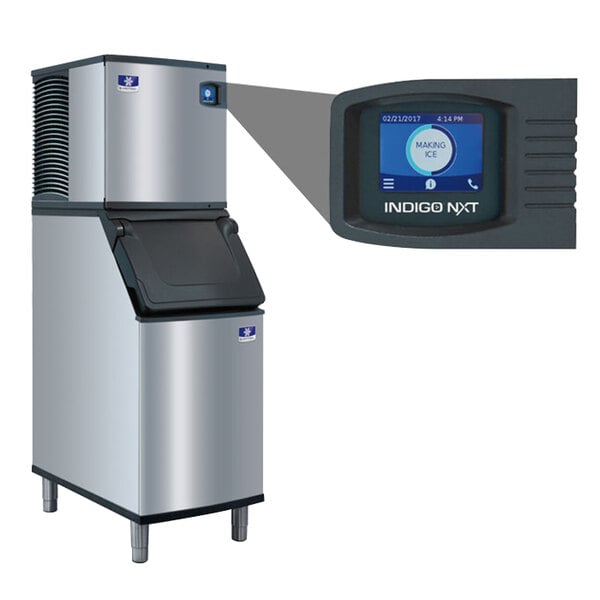 A commercial Manitowoc Indigo NXT water-cooled ice machine with a digital display and stainless steel exterior.