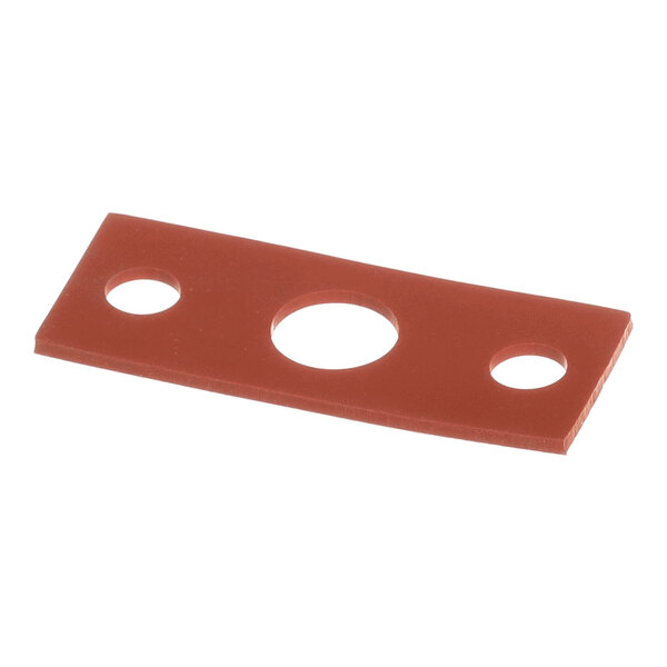 A rectangular red gasket with three circular holes, used as a rinse injector gasket.