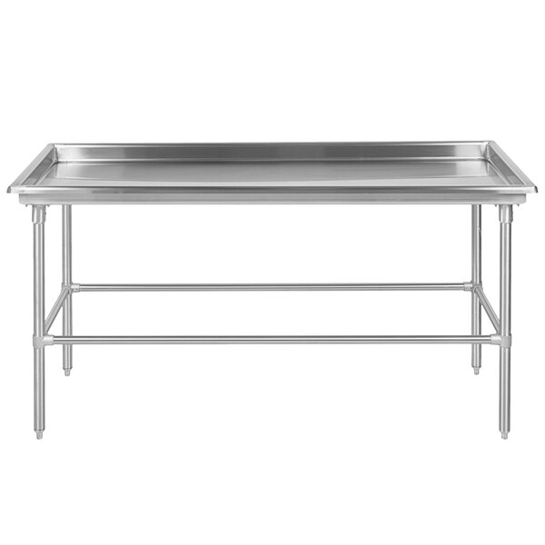 A silver rectangular stainless steel table with a long shelf.