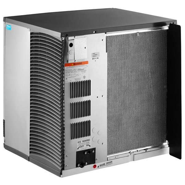 A commercial air-cooled ice machine with a stainless steel exterior and vented side panel.