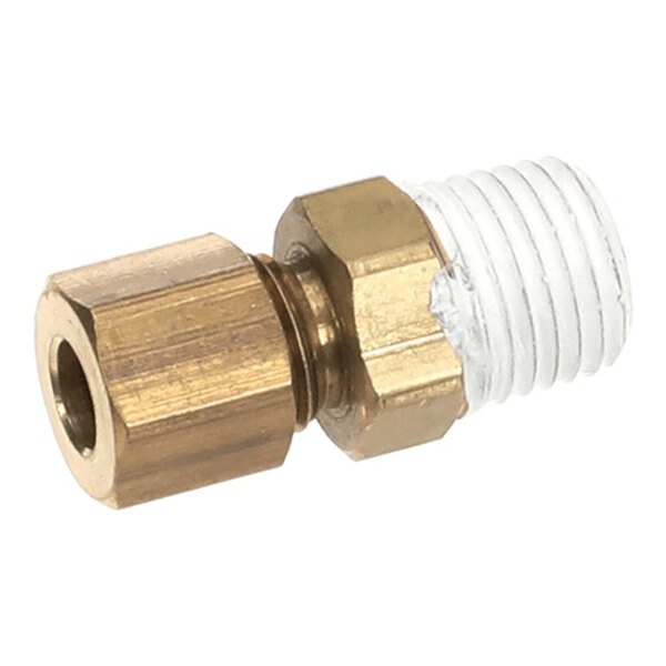 A brass 1/4 inch modified union fitting with a threaded end and compression nut, used for plumbing or gas connections.
