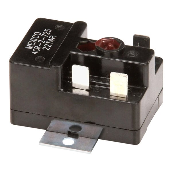 A black motor start relay for refrigeration units with metal mounting bracket and labeled terminals.