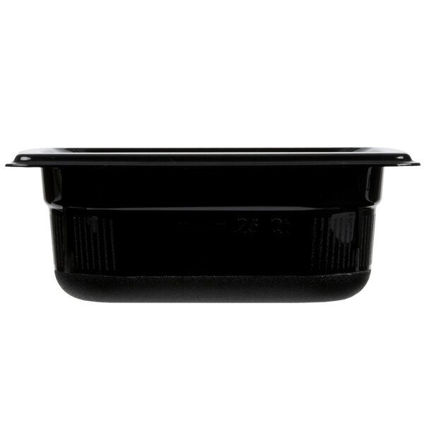 A black plastic container with a lid.