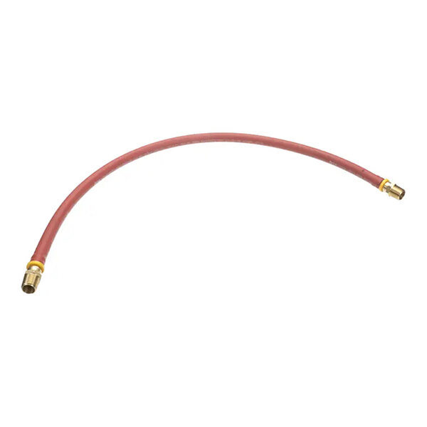 A red flexible hose with brass fittings on both ends.