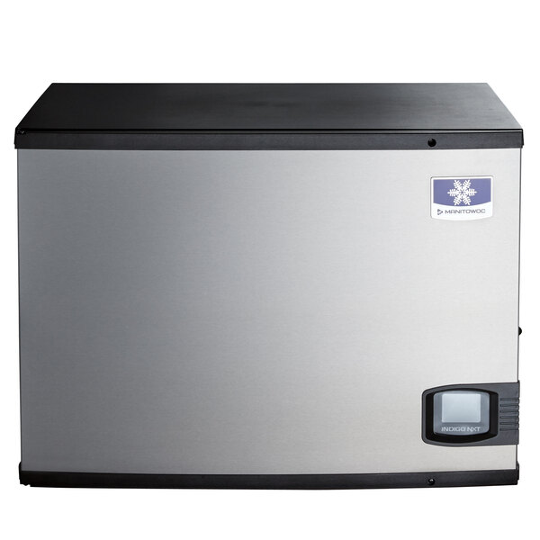 A stainless steel Manitowoc water-cooled full dice cube ice machine with a digital display panel.
