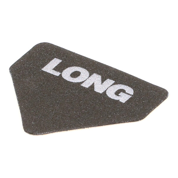 A black, irregularly shaped decal with the word 'LONG' printed in white, used for labeling a long curtain.