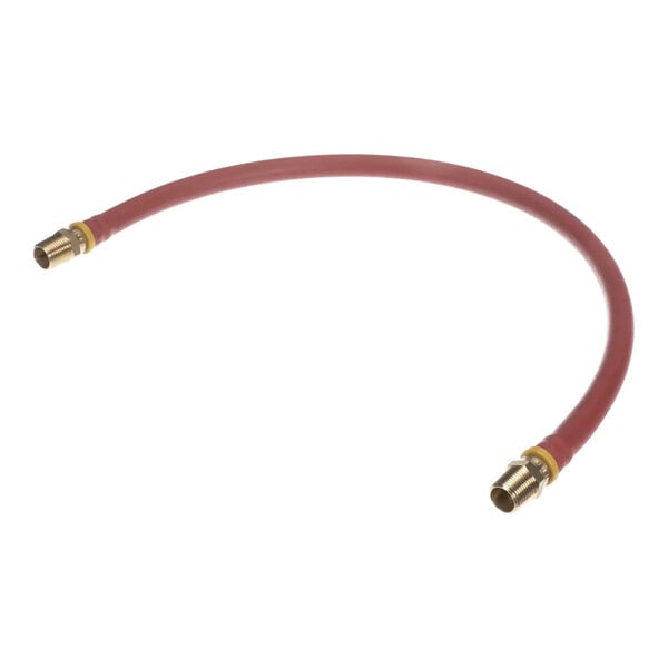 A flexible red hose with brass fittings on both ends.