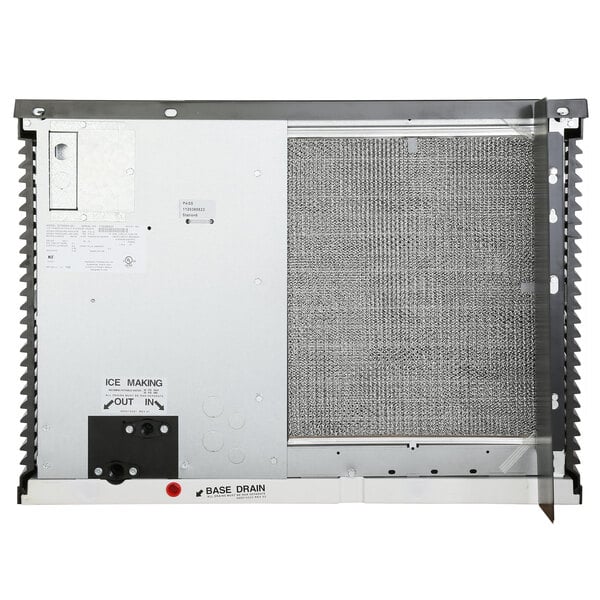 A commercial air-cooled ice machine unit with a metal exterior and visible cooling components.