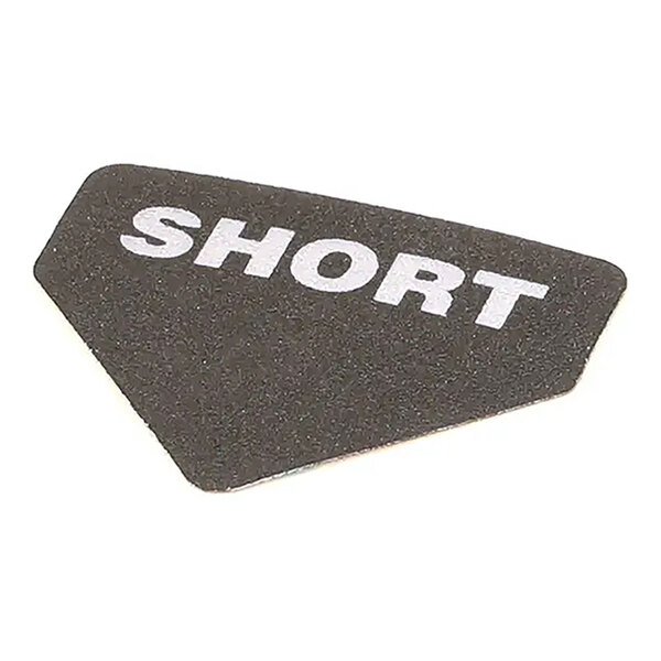 A black decal with the word 'SHORT' printed in white, used for labeling a short curtain.