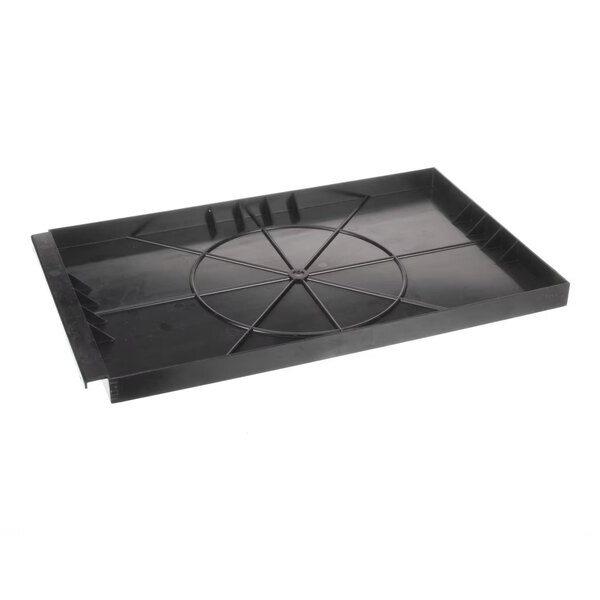 A black rectangular plastic condensate drain pan for refrigeration units.