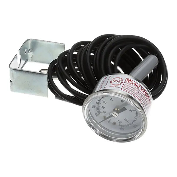 A round dial thermometer with a long black capillary tube and a metal mounting bracket.