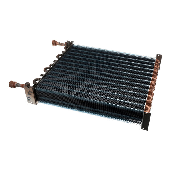 A metal heat exchanger with 3/8 inch tubes, used for transferring heat in industrial or commercial equipment.
