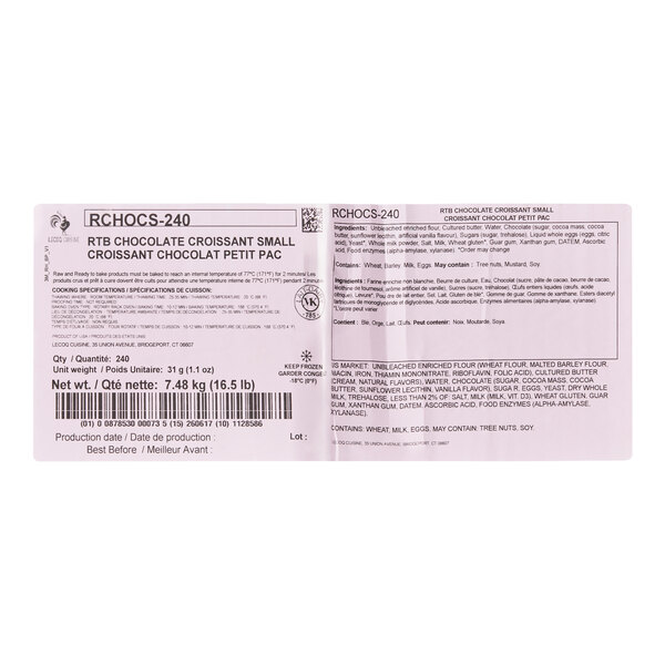 A product label for LeCoq Cuisine Ready-to-Bake Small Chocolate Croissants, 1.1 oz. each, 240 per case.