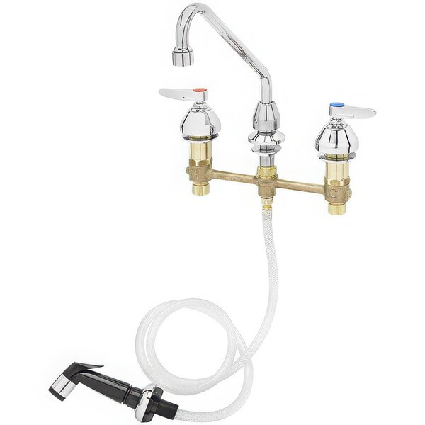 A T&S deck mount faucet with a side spray hose.