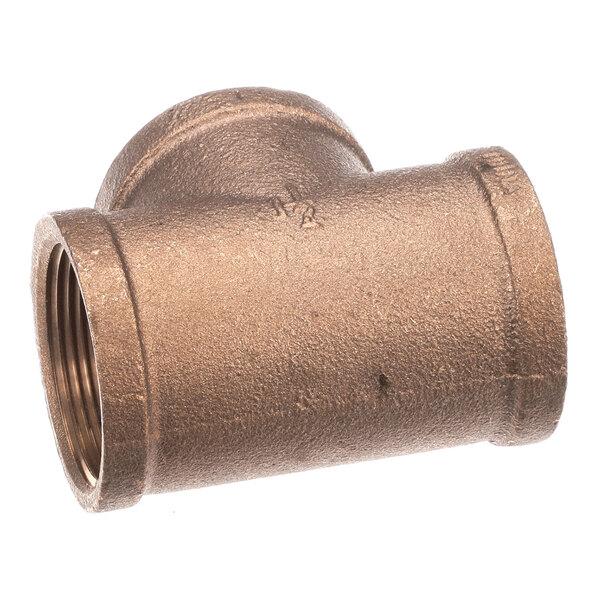 A brass tee pipe fitting with three threaded openings, sized 1 1/2 inches.