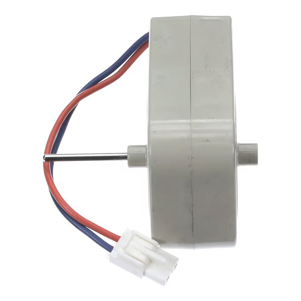 A gray condenser fan motor with attached red and blue wires and a white connector.