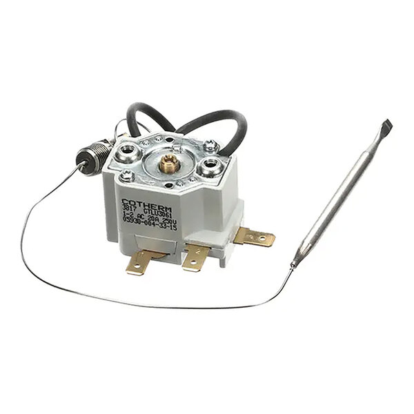 A high limit thermostat with a probe and wire, used for temperature control in appliances.