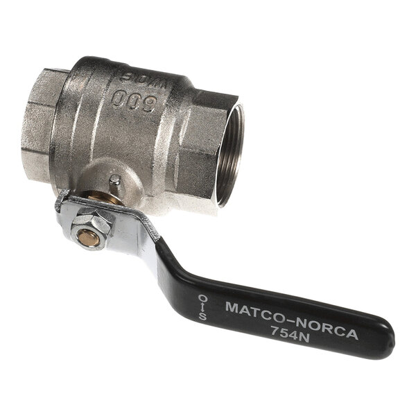 A metal ball valve with a black handle labeled 'MATCO-NORCA 754N' and threaded ends.