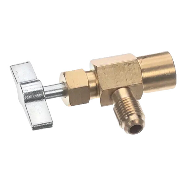 A brass valve with a T-shaped metal handle, used in refrigeration systems.