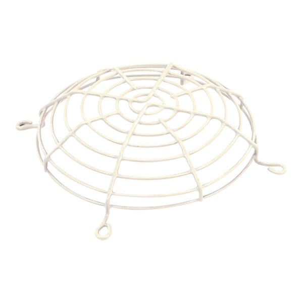 A round metal fan guard with a white finish and three mounting loops.