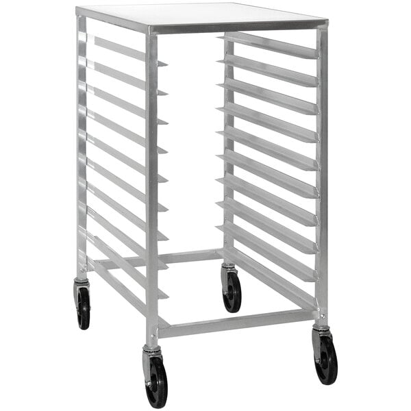 An Advance Tabco metal sheet pan rack on wheels.