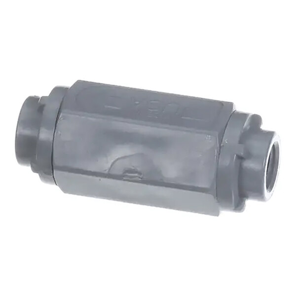 A gray PVC check valve with 1/8 inch FNPT connections.