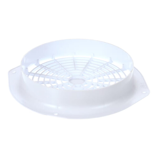 A white plastic fan guard for refrigeration units.