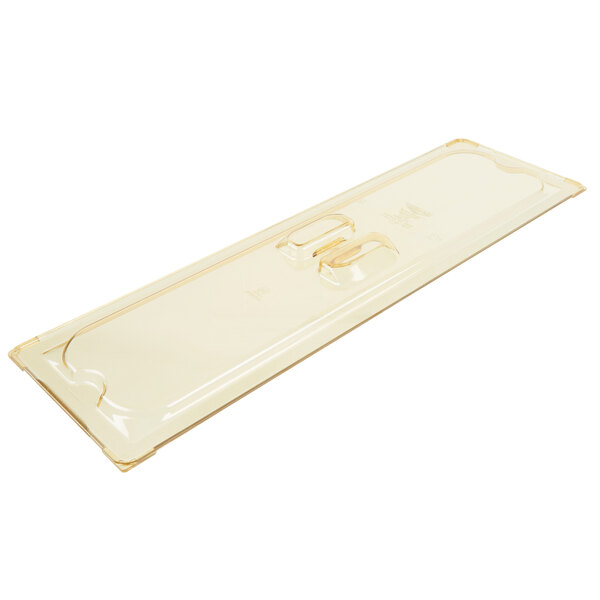 A Vollrath Super Pan plastic lid for a long rectangular container with a gold rim.