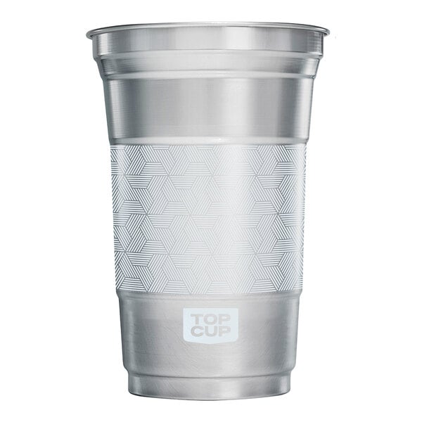 A 20 oz. customizable aluminum cup with a geometric pattern and the label 'Top Cup' on the front.