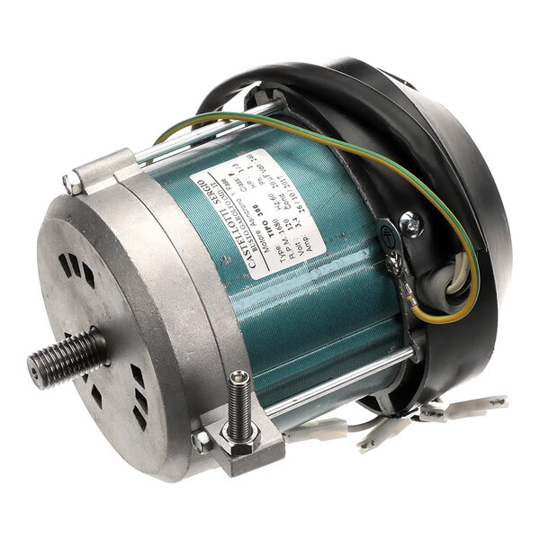 A metal electric motor with attached wires and a label, designed for use in commercial equipment.