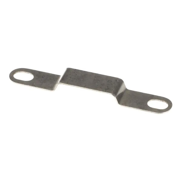 A metal F-bracket with two oval mounting holes, used as a bearing hard stop.