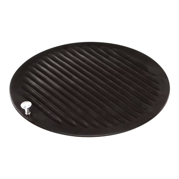 A round, black blade cover with a ridged surface and a small metal knob, designed for use with kitchen equipment.