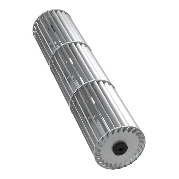A cylindrical aluminum wheel blower with multiple fins and a central axle hole.