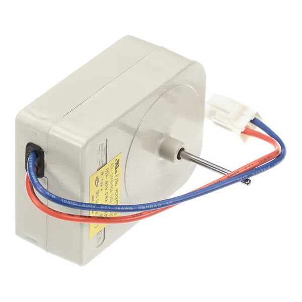 A rectangular electric fan motor with attached blue and red wires and a metal shaft, used for Turbo Air refrigeration units.