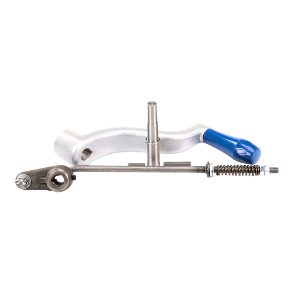 A metal bowl lift handle and linkage assembly with a blue grip, designed for use with commercial kitchen equipment.