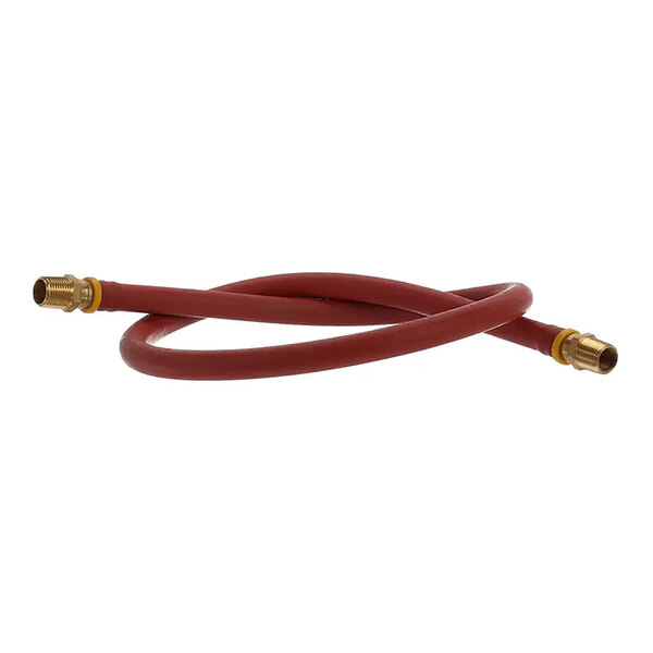 A red flexible hose with brass fittings on both ends.