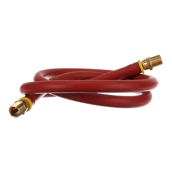 A red flexible hose with brass fittings on both ends.