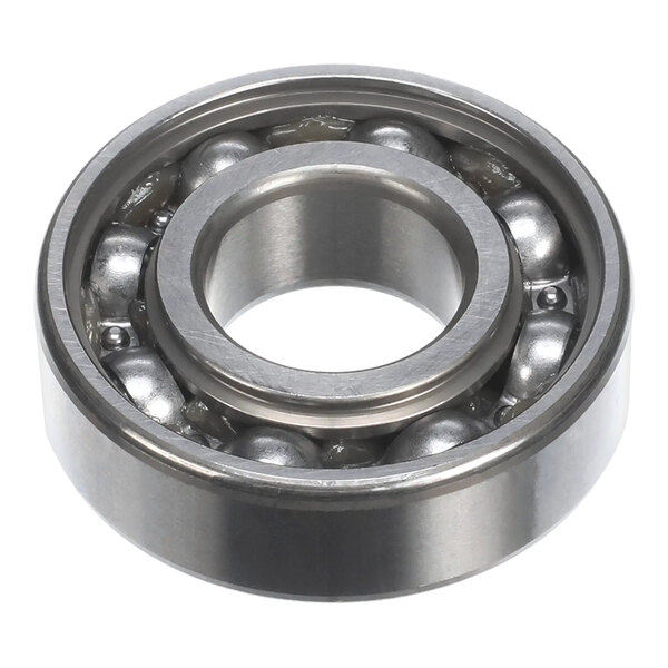 A metal ball bearing with an inner and outer ring, containing several steel balls.
