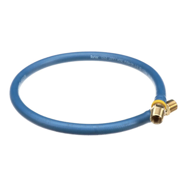 A blue 1/2 inch by 31 inch hose with male swivel brass ends.
