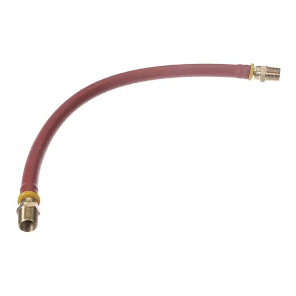 A flexible red discharge hose with metal fittings on both ends.